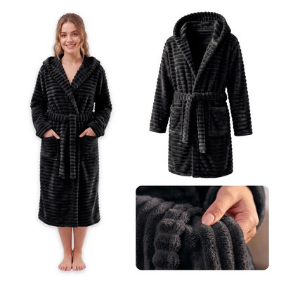 Microfiber Striped Bathrobe Unisex Velar L 02 Black